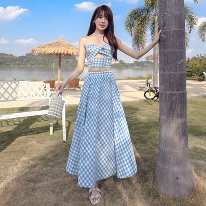 + Gingham High A-Line Top Cutout Waist Skirt Open Crop V-Neck Midi Ruched Back Camisole Set: