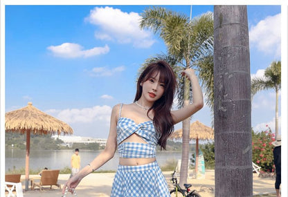+ Gingham High A-Line Top Cutout Waist Skirt Open Crop V-Neck Midi Ruched Back Camisole Set: