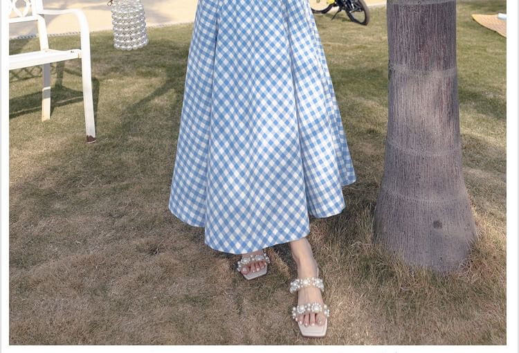 + Gingham High A-Line Top Cutout Waist Skirt Open Crop V-Neck Midi Ruched Back Camisole Set: