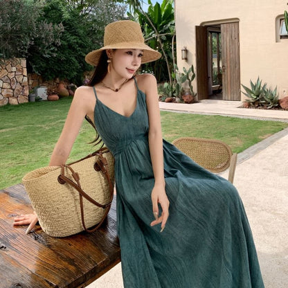 Open Dye Back Strap Ruched Tie A-Line Dress Spaghetti Maxi V-Neck