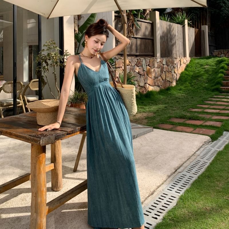 Open Dye Back Strap Ruched Tie A-Line Dress Spaghetti Maxi V-Neck