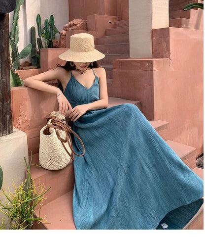 Open Dye Back Strap Ruched Tie A-Line Dress Spaghetti Maxi V-Neck