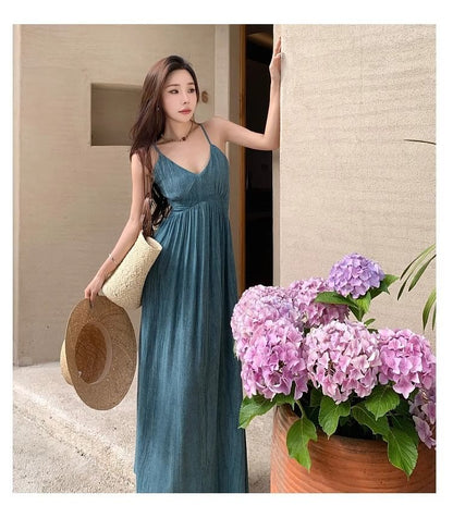 Open Dye Back Strap Ruched Tie A-Line Dress Spaghetti Maxi V-Neck