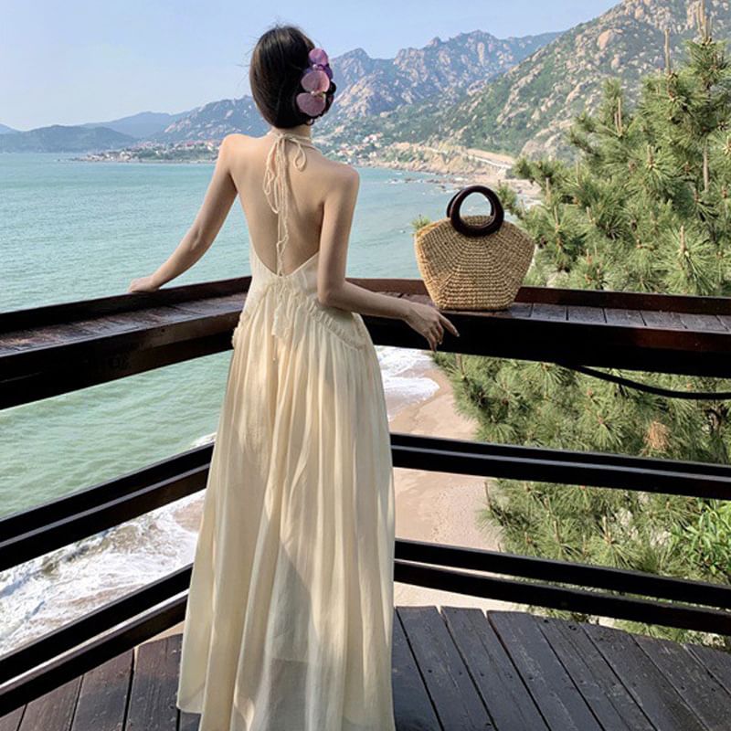 Maxi Back Open Plain Dress Ruched Frill Trim Halter A-Line V-Neck