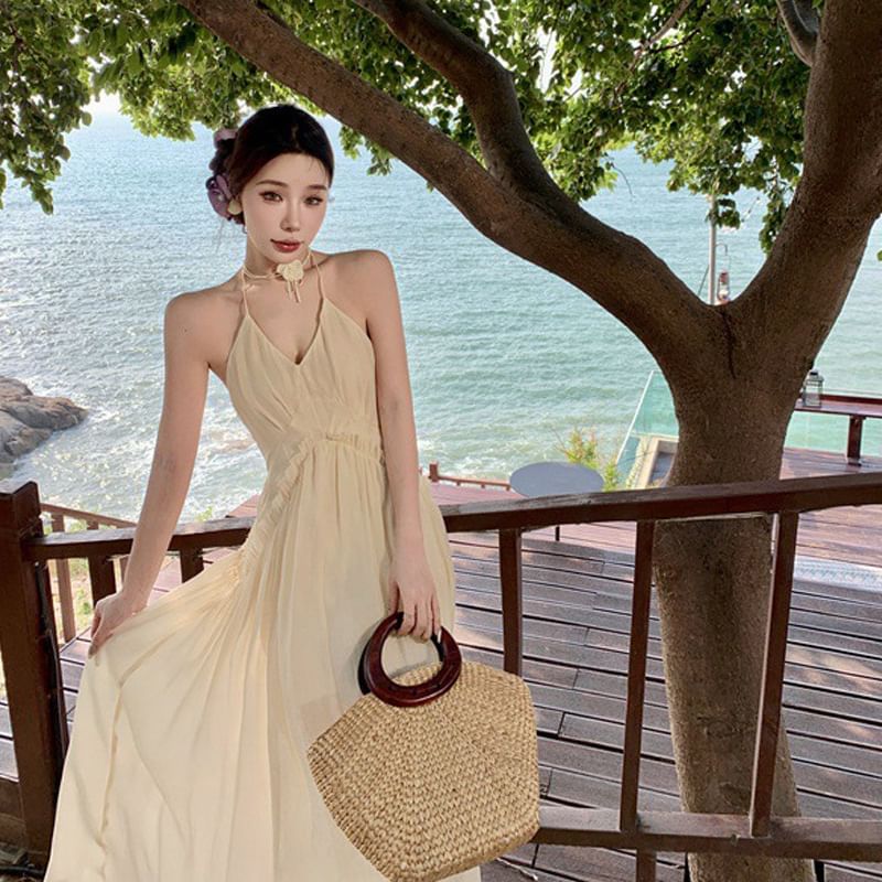 Maxi Back Open Plain Dress Ruched Frill Trim Halter A-Line V-Neck