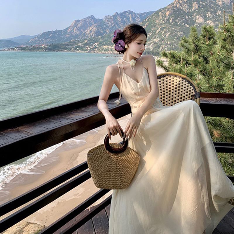 Maxi Back Open Plain Dress Ruched Frill Trim Halter A-Line V-Neck