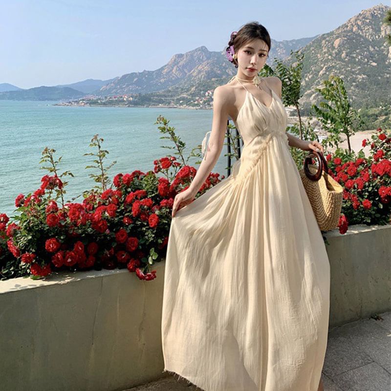 Maxi Back Open Plain Dress Ruched Frill Trim Halter A-Line V-Neck