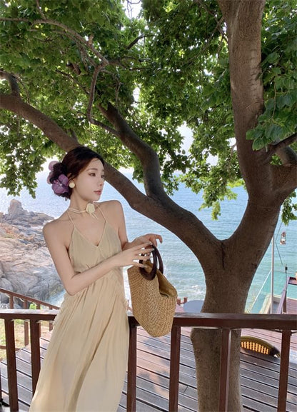 Maxi Back Open Plain Dress Ruched Frill Trim Halter A-Line V-Neck