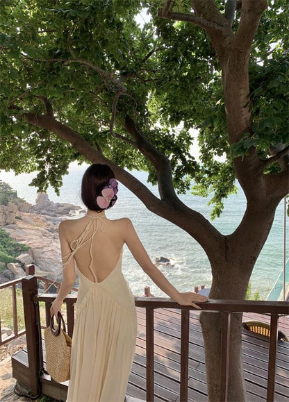 Maxi Back Open Plain Dress Ruched Frill Trim Halter A-Line V-Neck