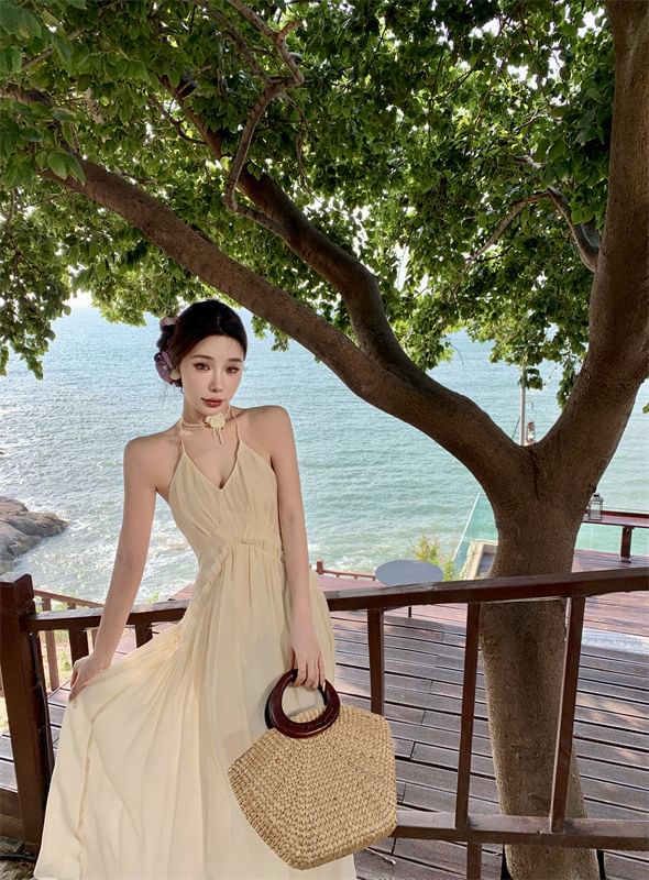 Maxi Back Open Plain Dress Ruched Frill Trim Halter A-Line V-Neck