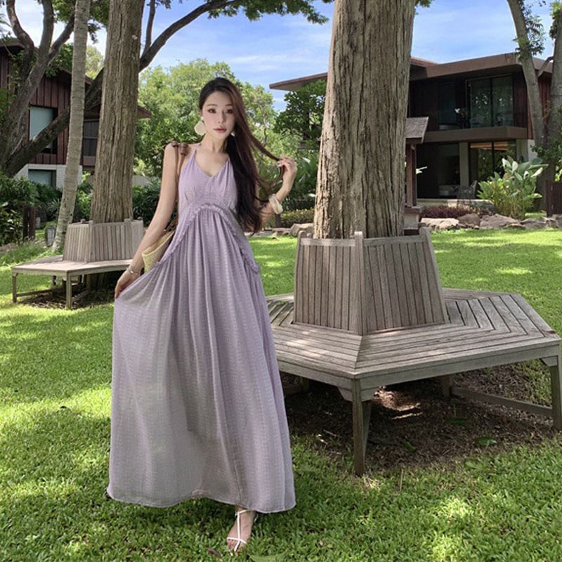 Dress Frill Open Trim Maxi A-Line Plain Back V-Neck Halter