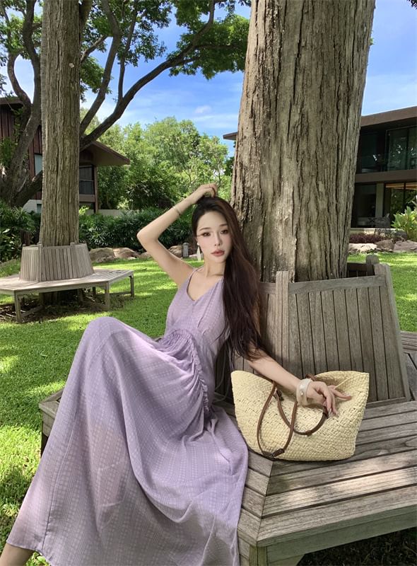 Dress Frill Open Trim Maxi A-Line Plain Back V-Neck Halter