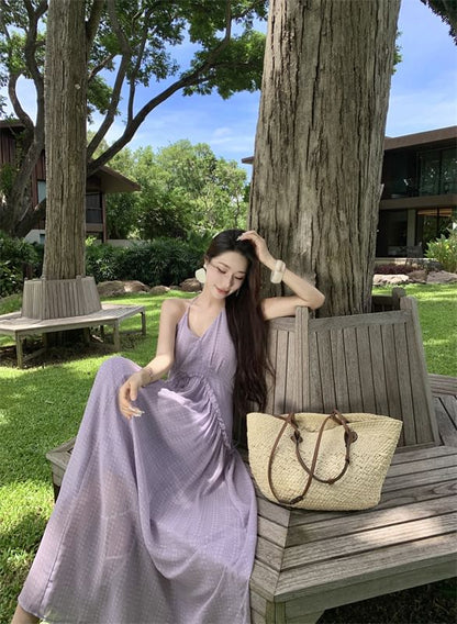 Dress Frill Open Trim Maxi A-Line Plain Back V-Neck Halter