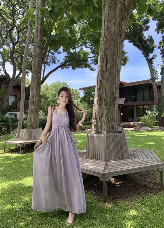 Dress Frill Open Trim Maxi A-Line Plain Back V-Neck Halter