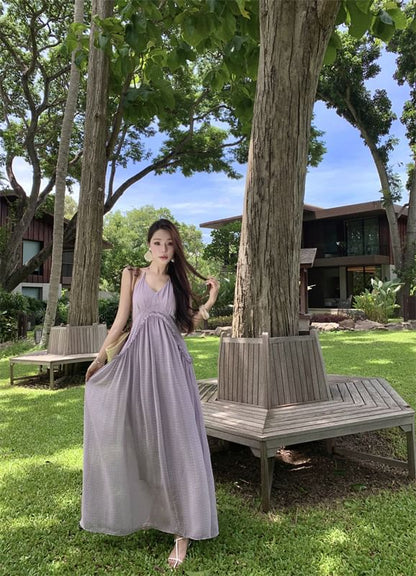 Dress Frill Open Trim Maxi A-Line Plain Back V-Neck Halter