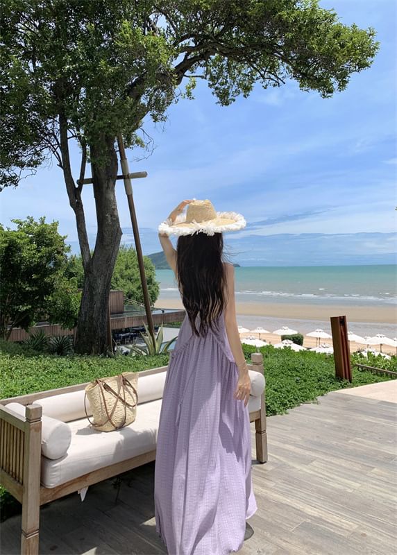 Dress Frill Open Trim Maxi A-Line Plain Back V-Neck Halter