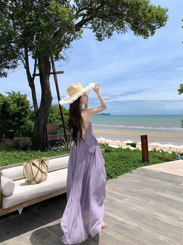 Dress Frill Open Trim Maxi A-Line Plain Back V-Neck Halter