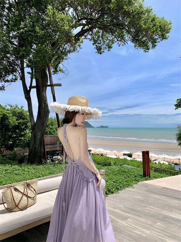 Dress Frill Open Trim Maxi A-Line Plain Back V-Neck Halter