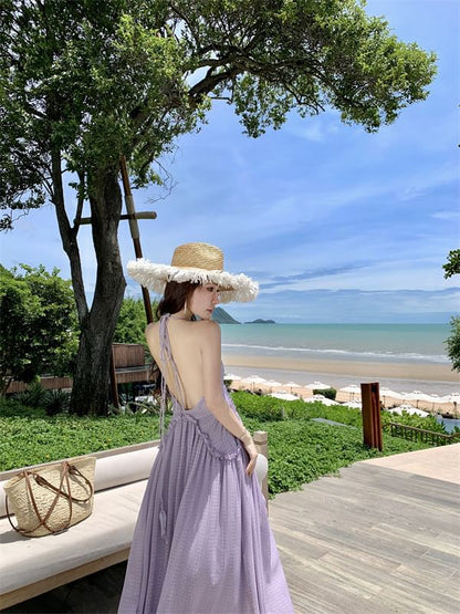 Dress Frill Open Trim Maxi A-Line Plain Back V-Neck Halter