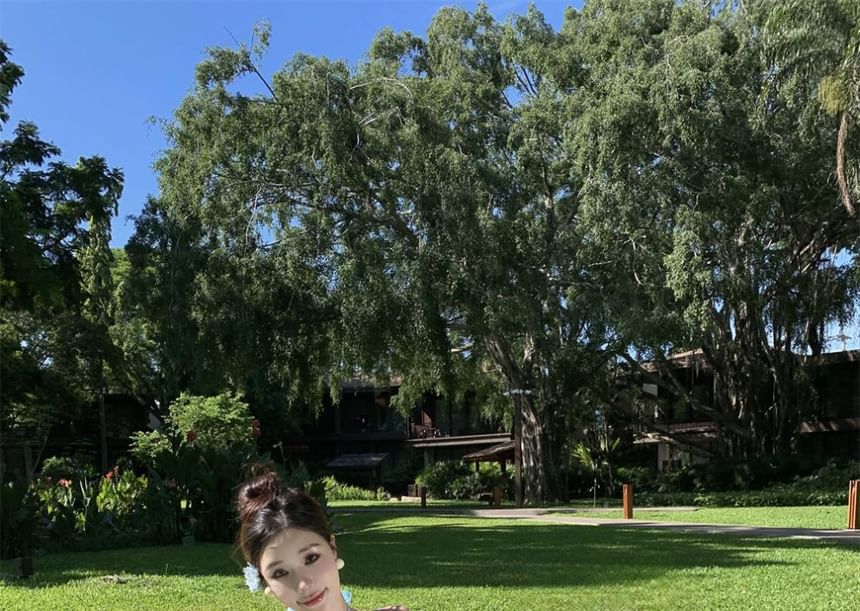 Dress Accent Back Ruched Layered Halter Plain Maxi A-Line Neck Open Floral