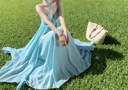 Dress Accent Back Ruched Layered Halter Plain Maxi A-Line Neck Open Floral