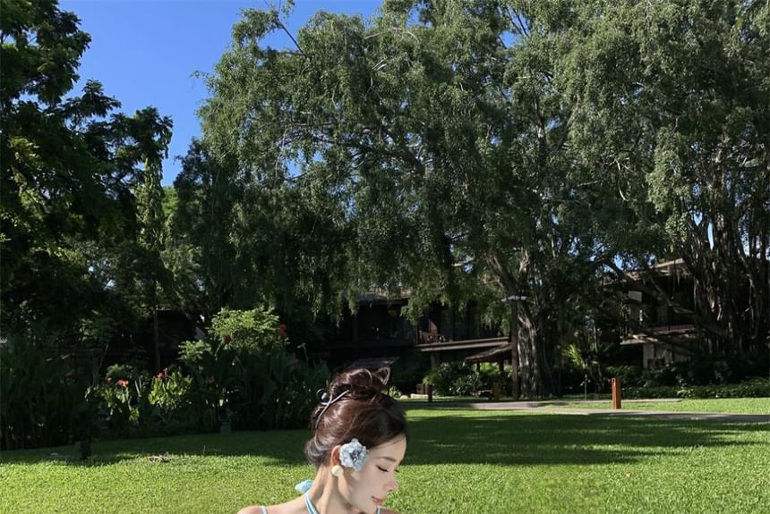 Dress Accent Back Ruched Layered Halter Plain Maxi A-Line Neck Open Floral