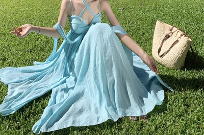 Dress Accent Back Ruched Layered Halter Plain Maxi A-Line Neck Open Floral