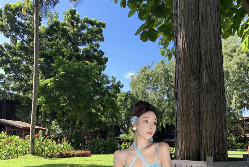 Dress Accent Back Ruched Layered Halter Plain Maxi A-Line Neck Open Floral