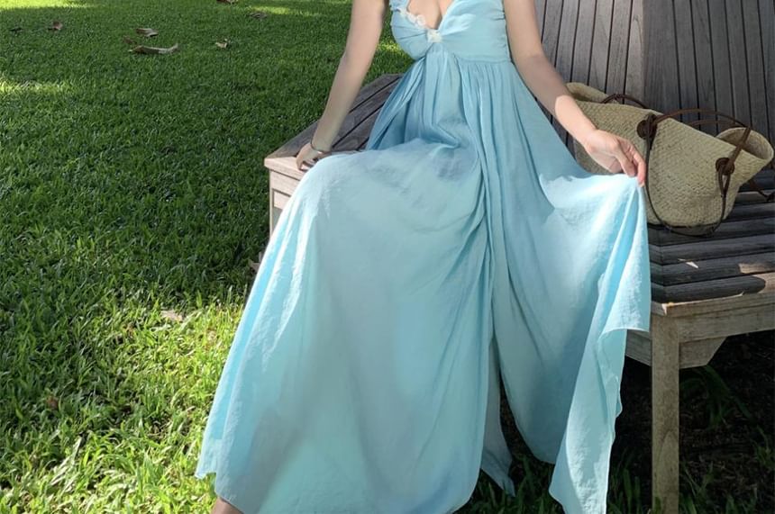 Dress Accent Back Ruched Layered Halter Plain Maxi A-Line Neck Open Floral