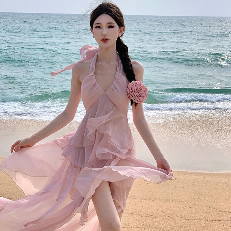 Ruffle Layered Set: High Skirt Halter Rise + Asymmetrical V-Neck Top Back Plain A-Line Open