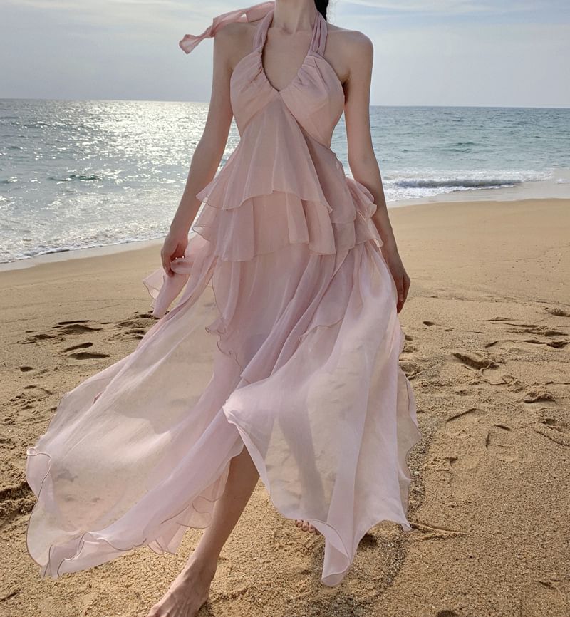 Ruffle Layered Set: High Skirt Halter Rise + Asymmetrical V-Neck Top Back Plain A-Line Open