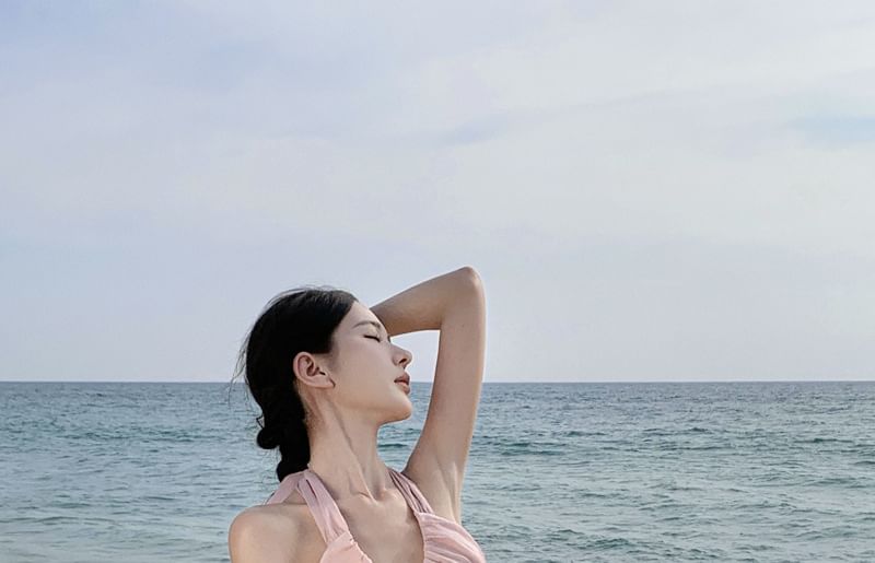 Ruffle Layered Set: High Skirt Halter Rise + Asymmetrical V-Neck Top Back Plain A-Line Open