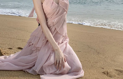 Ruffle Layered Set: High Skirt Halter Rise + Asymmetrical V-Neck Top Back Plain A-Line Open