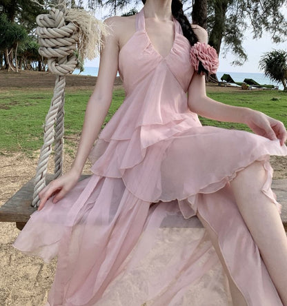 Ruffle Layered Set: High Skirt Halter Rise + Asymmetrical V-Neck Top Back Plain A-Line Open