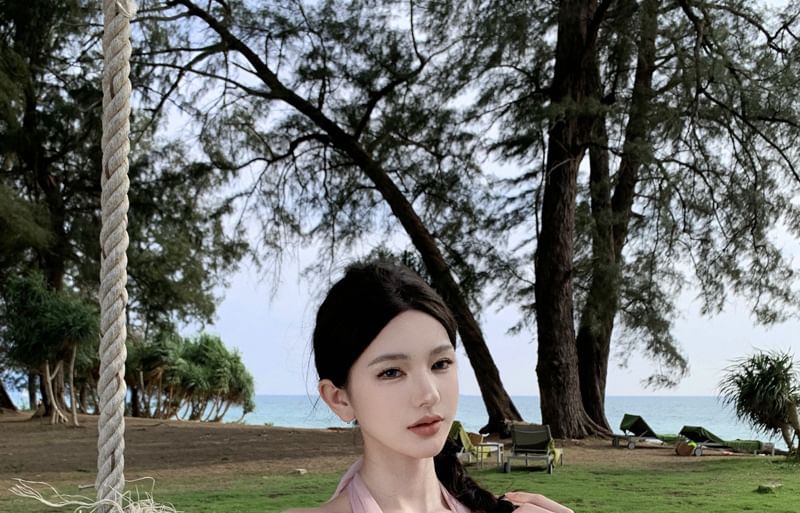 Ruffle Layered Set: High Skirt Halter Rise + Asymmetrical V-Neck Top Back Plain A-Line Open