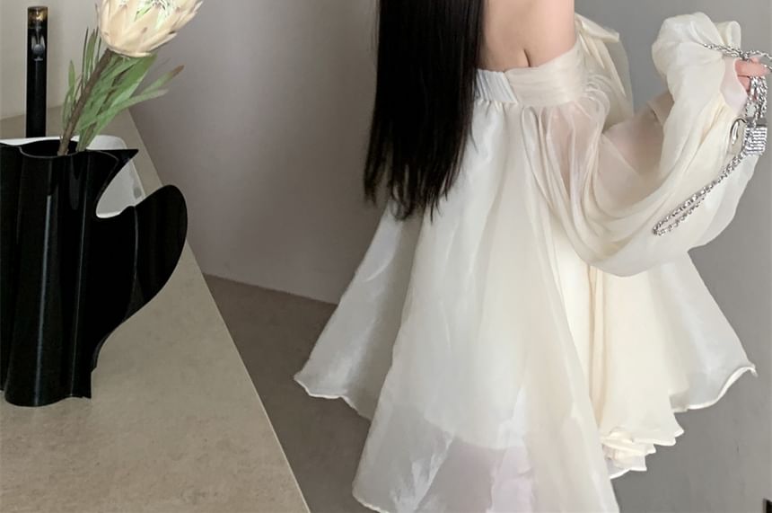 Off-Shoulder Bow Plain Dress Accent Tunic Long-Sleeve Ruched