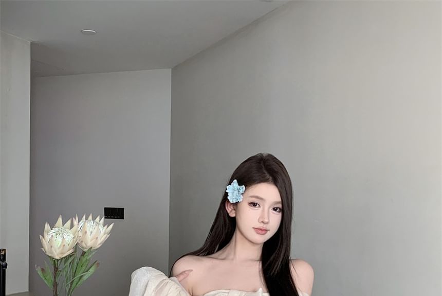 Off-Shoulder Bow Plain Dress Accent Tunic Long-Sleeve Ruched