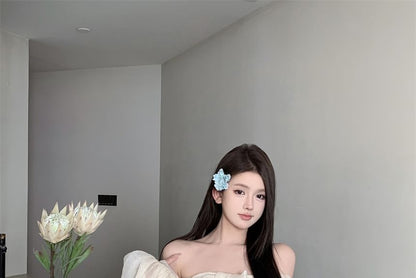 Off-Shoulder Bow Plain Dress Accent Tunic Long-Sleeve Ruched