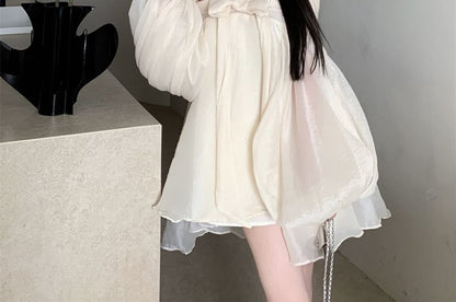 Off-Shoulder Bow Plain Dress Accent Tunic Long-Sleeve Ruched