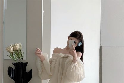 Off-Shoulder Bow Plain Dress Accent Tunic Long-Sleeve Ruched