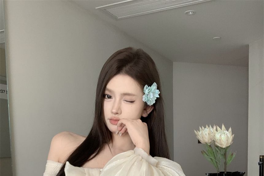 Off-Shoulder Bow Plain Dress Accent Tunic Long-Sleeve Ruched