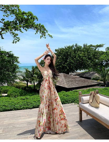 Cutout Halter Maxi Dress Print Floral A-Line Pleated Back Open Neck