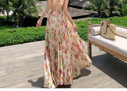 Cutout Halter Maxi Dress Print Floral A-Line Pleated Back Open Neck