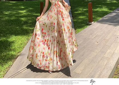 Cutout Halter Maxi Dress Print Floral A-Line Pleated Back Open Neck