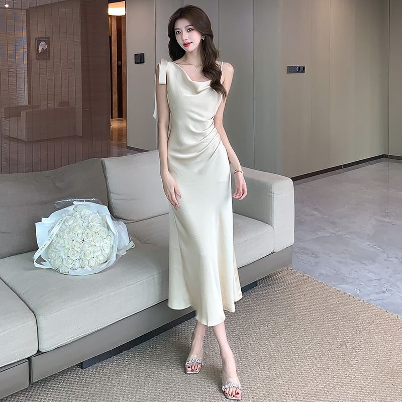 Plain Sleeveless Mermaid Neck Asymmetrical Satin Cowl Midi Ruched Dress