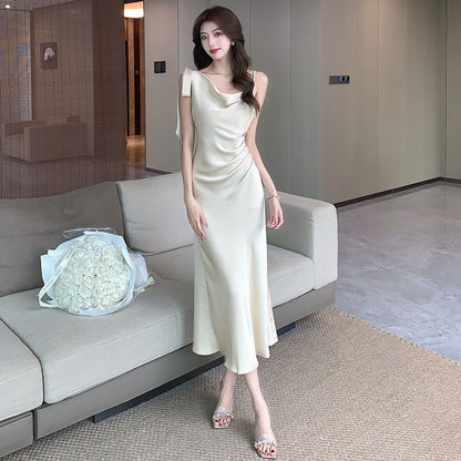 Plain Sleeveless Mermaid Neck Asymmetrical Satin Cowl Midi Ruched Dress