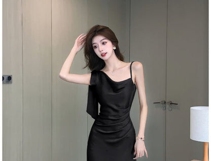 Plain Sleeveless Mermaid Neck Asymmetrical Satin Cowl Midi Ruched Dress