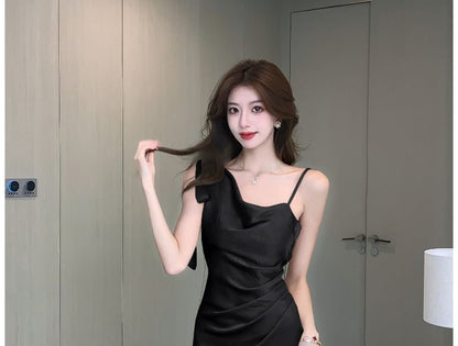 Plain Sleeveless Mermaid Neck Asymmetrical Satin Cowl Midi Ruched Dress