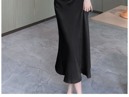 Plain Sleeveless Mermaid Neck Asymmetrical Satin Cowl Midi Ruched Dress