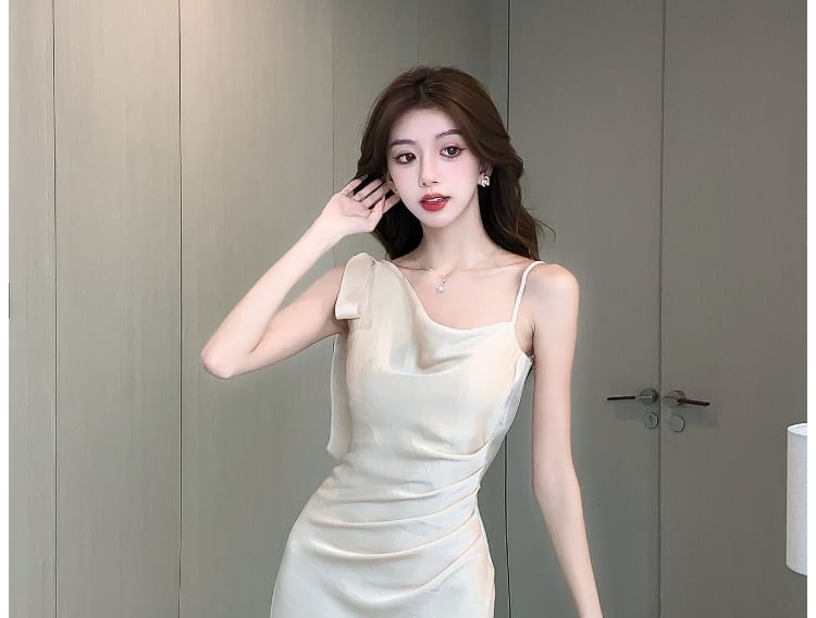 Plain Sleeveless Mermaid Neck Asymmetrical Satin Cowl Midi Ruched Dress